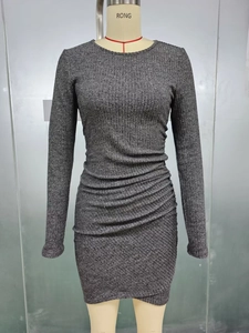 Detailed view of dark grey ribbed knit fabric with side drawstring ruched design