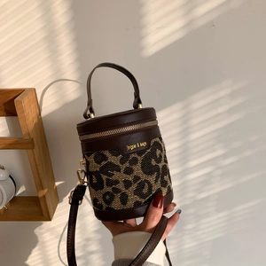 Women Fashion Leopard Houndstooth Cylinder Bucket Bag PU Leather Small Round Crossbody Shoulder Bag Retro Style Handbag