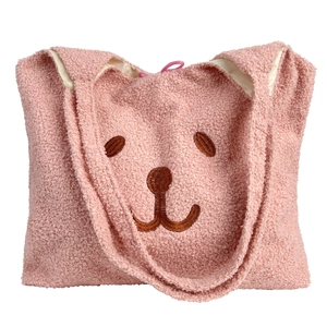 Sac fourre-tout rose en peluche avec broderie ours mignon et longues bandoulières