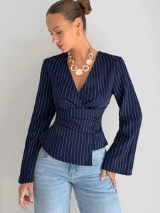 Navy blue striped V-neck long sleeve blouse with flared cuffs and slim fit waist