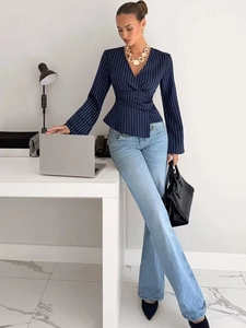 Women's V-neck striped long sleeve shirt with wrap waist and blue flare jeans