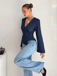 Women's V-neck striped shirt with waist cinching and flare sleeves in navy blue