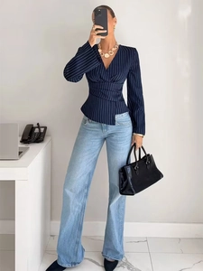 Women's dark blue striped V-neck long sleeve shirt with wrap waist and asymmetric ruffle hem