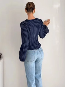 Women's vertical striped long sleeve V-neck blouse in dark blue with bell cuffs