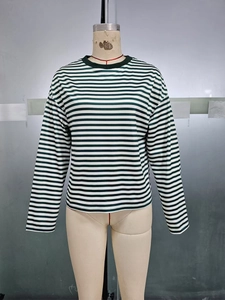 Détail du t-shirt à manches longues à rayures vertes et blanches avec col rond sur mannequin