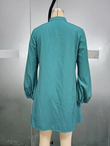 Back view of teal long-sleeve A-line dress with small collar and elastic cuffs