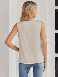 Women's apricot satin V-neck tank top with a smooth back view and a tailored fit