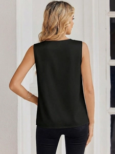 Rear view of sleek black sleeveless satin top featuring high-quality tailored cut and finish