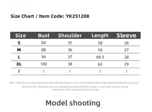 Detailed size chart for short sleeve t-shirt with bust and shoulder measurements in CM