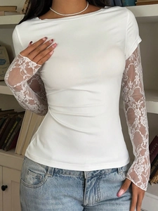 Slim fit white long sleeve top with floral lace patchwork sleeves for casual wear