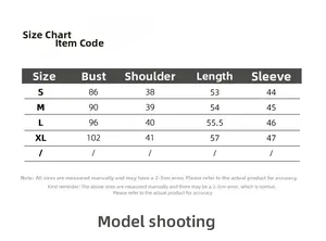 Detailed size chart for solid color V-neck shirt showing S to XL measurements in cm