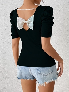 Women's Backless Short Sleeve T-Shirt Elegant Puff Sleeve Top With Large Satin Bow Decoration And Artificial Pearl Trim Summer Commuter Tee