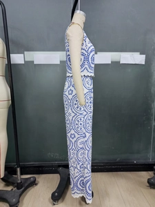 Detail of blue geometric embroidery and hollow-out lace on women's sleeveless set