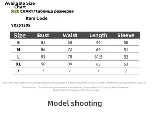 Detailed size chart for long sleeve flare top showing S to XL dimensions in cm