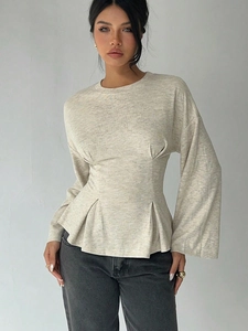 Women Long Sleeve T-Shirt Flare Sleeve Peplum Ruched Waist Round Neck Solid Elegant Top