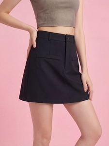 Women's high waist black A-line mini skirt with belt loops and decorative pocket detail