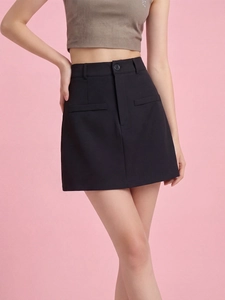 Women's black high-waisted A-line mini skirt with buttons and side pockets