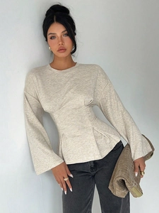 Fashionable oatmeal flared sleeve knit top with slim fit design and round neckline