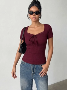 Slim burgundy crinkle t-shirt with lace-trimmed square neck and tie-front detail