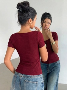 Slim fit dark red short sleeve T-shirt with textured pleats and lace neck for women
