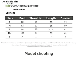 Detailed size chart for long sleeve V-neck top showing bust, shoulder, and sleeve length