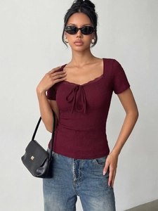 Slim fit square neck lace top in wine red with textured fabric and ribbon tie detail