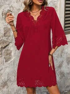Elegante Abito da Donna con Scollo a V Ricamo a Occhielli Pizzo Manica 3/4 Bordo Festonato Tinta Unita Abito Midi a Linea A