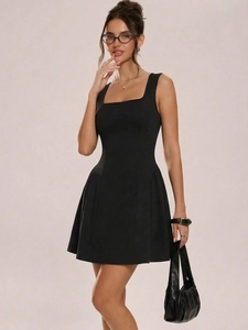 Robe Mini Sexy Femme Col Carré Dos Nu Sans Manches Coupe Ajustée Ligne A Élégante Couleur Unie Tricot Robe de Soirée Été