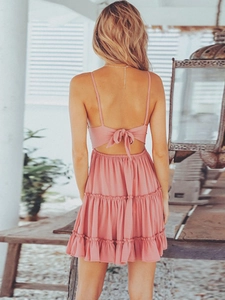 Pink backless A-line mini dress with stylish bow tie and tiered ruffles for summer