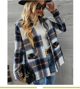 Detail of navy and beige plaid shirt jacket with large pockets and button-down front