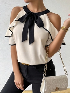 Elegant double-layer short sleeve chiffon shirt with black bow neck and cold shoulder detail