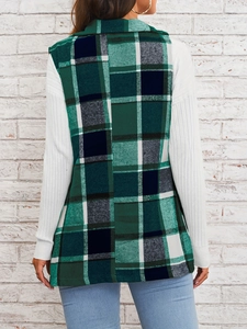 Rear view of a plaid sleeveless long vest with classic green and white grid pattern