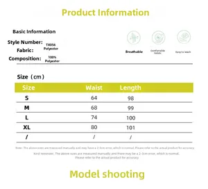 Size chart and fabric details for polyester pleated midi skirt showing S-XL measurements