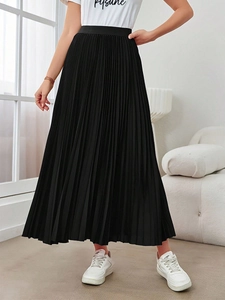 Women's Elegant Pleated Maxi Skirt High Waist Solid Color A-Line Umbrella Long Skirt For Daily Commute Casual Vacation