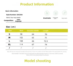 Detailed size chart for long sleeve striped shirt with polyester fabric specifications