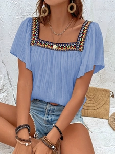 Light blue square neck boho shirt with geometric embroidery and ruffle sleeves