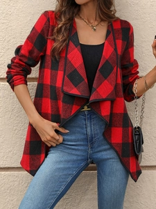 Gilet chemise à carreaux rouges et noirs pour femme avec col drapé et manches longues