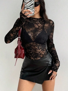Women Long Sleeve Lace Top Rose Floral Jacquard Semi Sheer Slim Fit Mock Neck Sexy Hollow Out Blouse