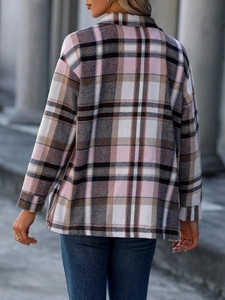 Rear view of long sleeve pink plaid shacket with thick wool-like texture on model