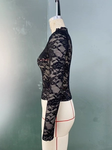 Detail of delicate rose lace texture and floral lace stand collar on slim fit top