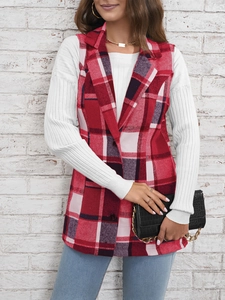 Veste sans manches élégante à carreaux rouges et blancs avec revers pour femme