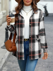 Red plaid thick cardigan jacket for women with long sleeves and buttons for autumn winter
