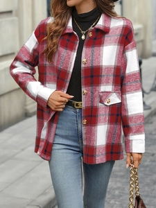 Detail of red and white plaid shacket with thick wool-like fabric and black turtleneck