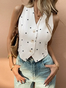 Women's white V-neck waistcoat with black heart prints and marble-textured buttons