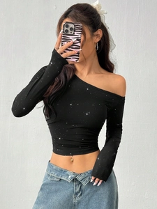 Sparkly black off-shoulder long sleeve knit top with silver sequins for women