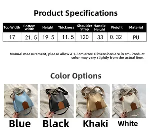 Guide des tailles pour sac seau en similicuir avec dimensions et quatre coloris au choix
