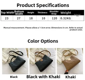 Detailed size chart and close-up view of geometric quilted leather crossbody bucket bags