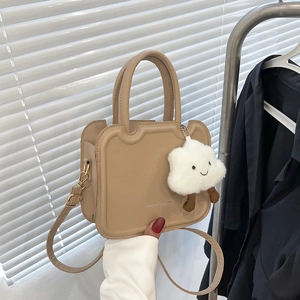 Women PU Leather Shoulder Bag Unique Toast Shape Wavy Edge Crossbody Bag With Plush Cloud Charm Solid Color Minimalist Daily Purse