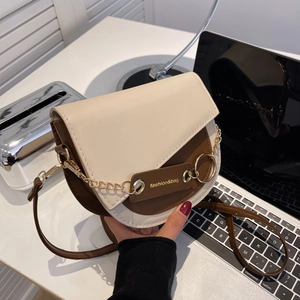 Fashion Women PU Saddle Crossbody Bag Contrast Color Small Shoulder Purse With Chain Strap