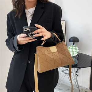 Fashionable khaki geometric quilted shoulder bucket bag for women with round buckle